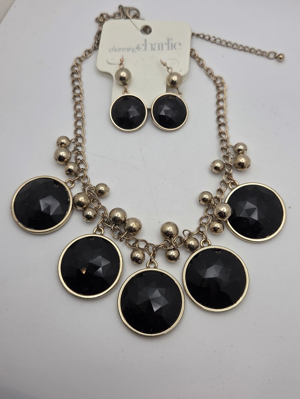 Charming Charlie Black and Gold Faceted Disk Necklace & Earrings